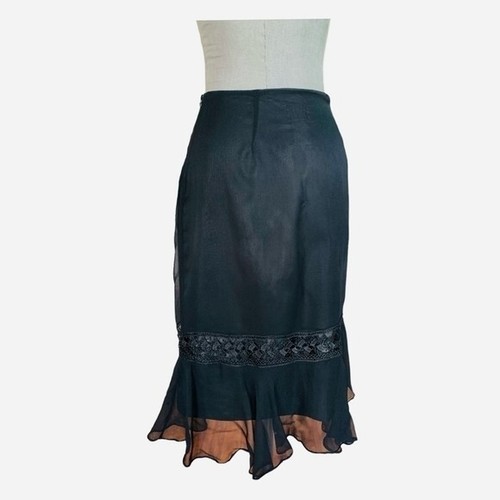 Women Skirt ICE Lace Bead Embellished Skirt Black Silk Skirt Midi Ruffled Skirt - Picture 3 of 5