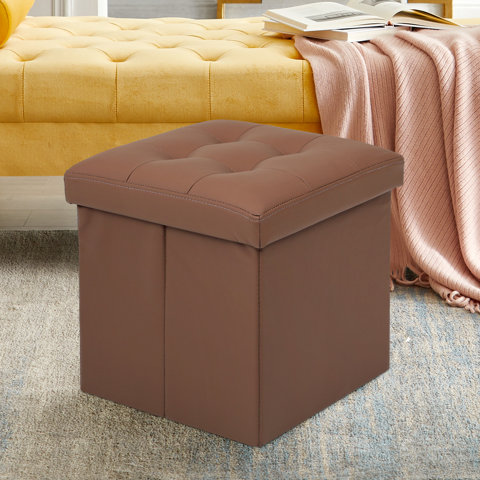 Brown Faux Leather Classic Cube Storage Ottoman Home Living Room Bench Footstool
