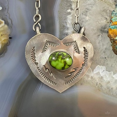 Marie Tsosie Sterling Silver Oval Sonora Gold Turquoise Stamped Heart Necklace