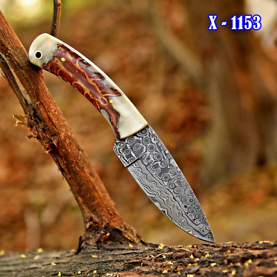 Handmade Damascus Steel Skinner Knife Hunting Fix Blade Unique Pinecone Handle