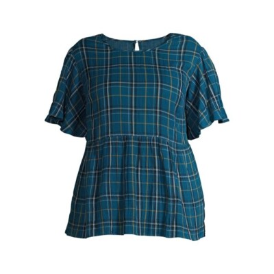 Terra & Sky Drop Shoulder Flutter Sleeve Babydoll Green Plaid 0X (14W)