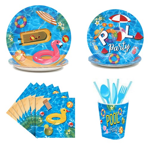 10Pcs/ Set Hawaiian Beach Party Paper Supplies Tableware Swimming Pool - Picture 4 of 15