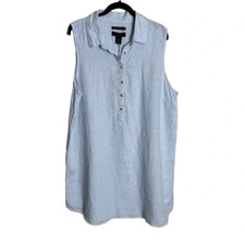 NWT Tahari Linen Blue & White Micro Striped Quarter Button Down Dress size 2X