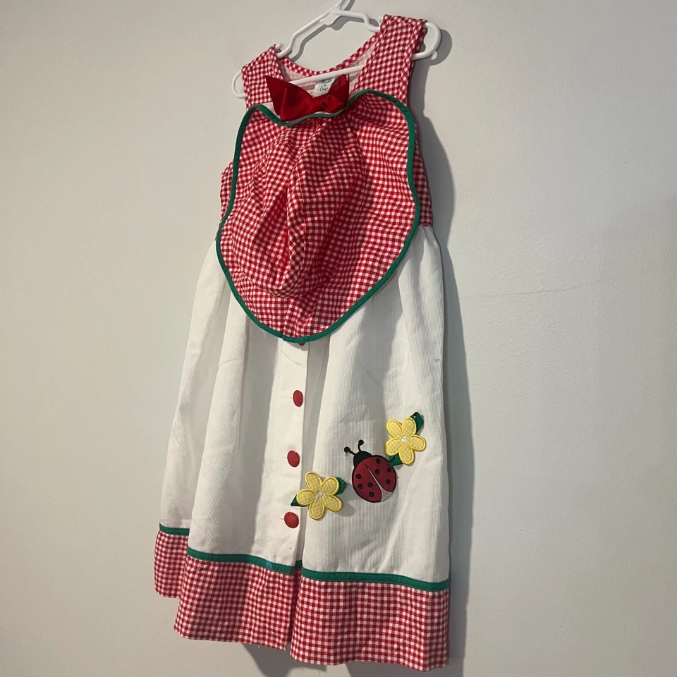 Vintage Peaches Cream Gingham Dress Ladybug Applique Buttons Sleeveless Size 6 - Image 2 of 4