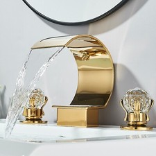 Polished Gold Vanity Basin Mixer Bathroom Sink Faucet 3 Hole Dual Crystal Handle