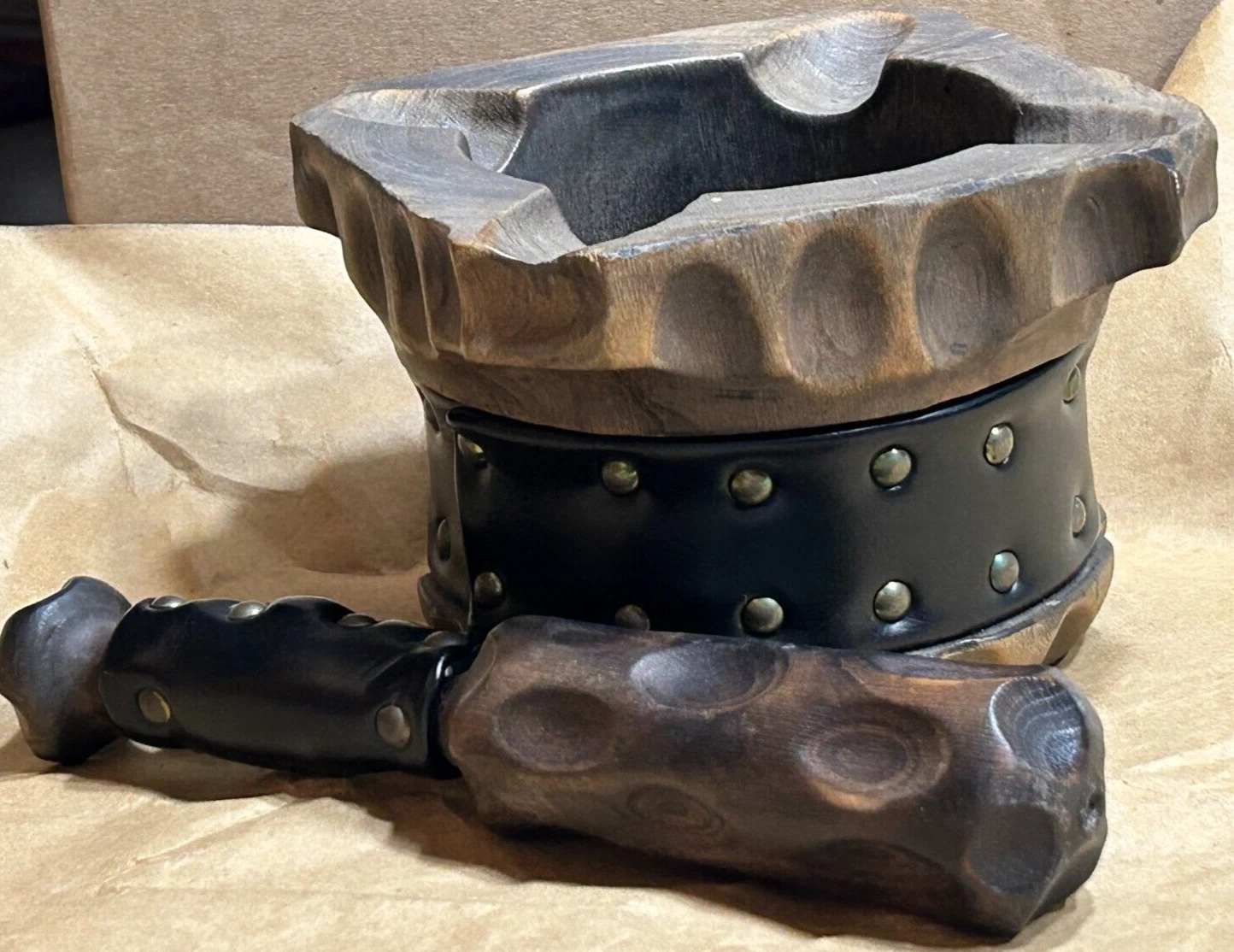 Vintage Mortar & Pestle Spain Apothecary Black Wood Nail Head Medieval Gothic