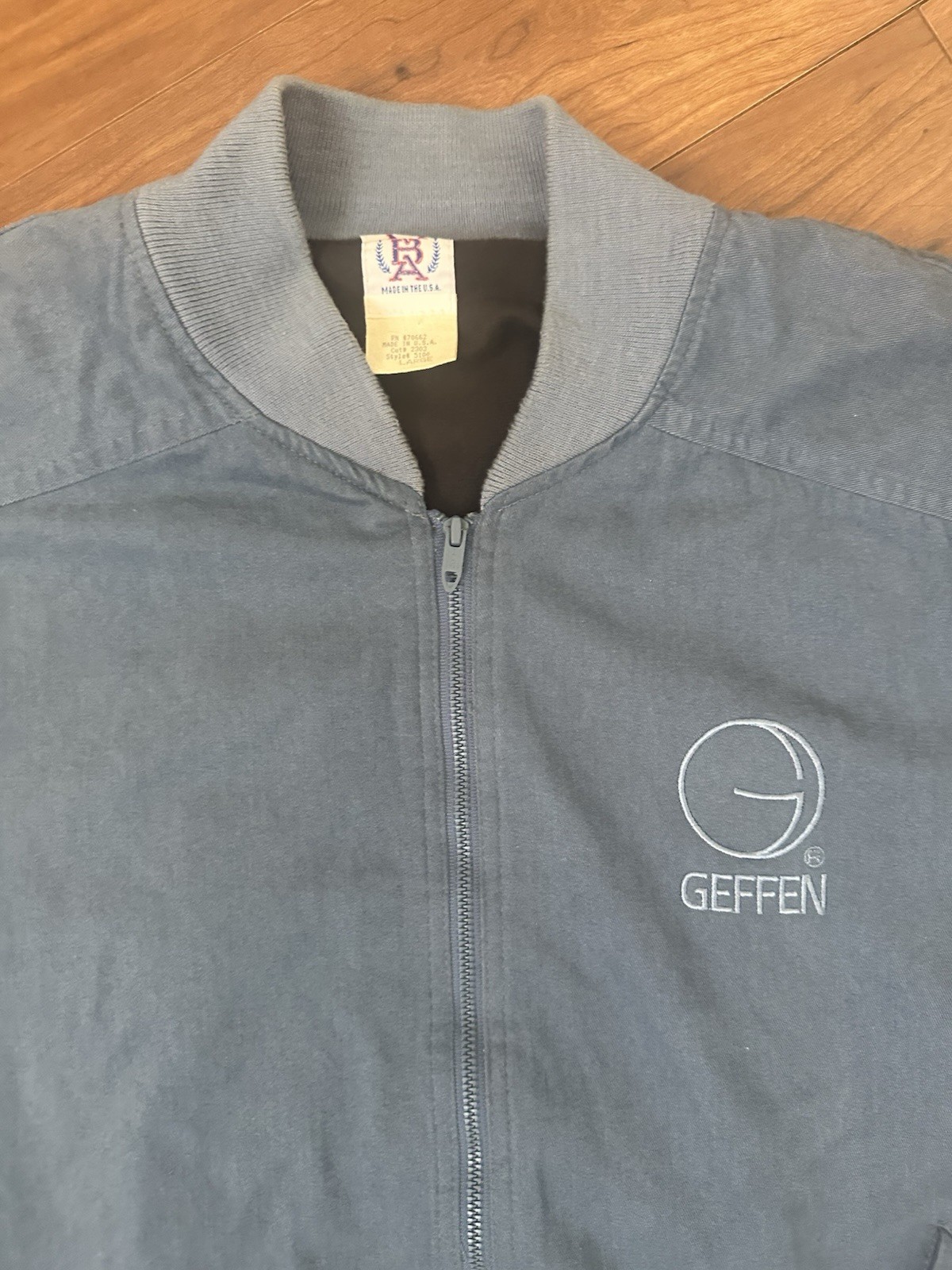 RETRO MBA GEFFEN RECORDS BOMBER STYLE FULL ZIP JACKET LARGE BLUE USA MADE VTG - second product detail image