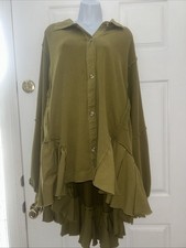 Free People Green Assymetrical Button Down Ruffled Sweatshirt Read L/xl Boho