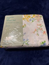 VINTAGE JC PENNEY FASHION MUSLIN FULL SHEET SET FLORAL NO IRON Pink Blue Yel NIP