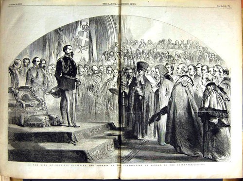 Original Old Antique Print 1855 King Sardinia Corporation London Guildhall