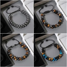 Double Row Triple Stone Beads Protection Crystal Healing Energy Bracelet for Men