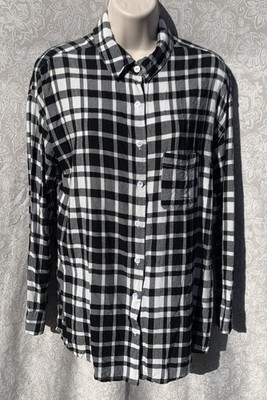 Thread & Supply Ladies Tunic Shirt Sz S Black/White Plaid Long Sleeve Roll Tab