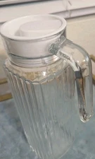 Vintage Ribbed Glass Refrigerator Pitcher With Handle And White Lid -  9.5" TALL