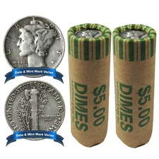 2 Rolls of 50 - $10 Face Value Full Dates 90% Silver Mercury Dimes