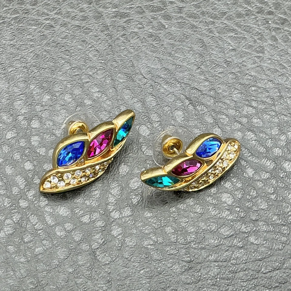 Swarovski Gold Tone Leaf Pave Rhinestone Marquise Multicolor Post Stud Earrings - Image 4 of 4
