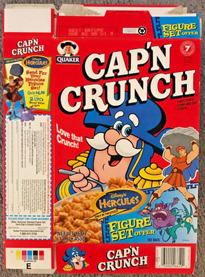 EMPTY Cap'n Crunch Hercules Figure Set Offer Cereal Box Quaker Oats FLAT 1997