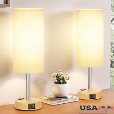 3 Brightness Levels Touch Control Wooden Table Lamp W/ 3 Charging Ports E26 New