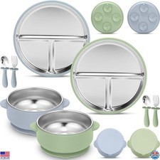 Nuogo 8-Piece Stainless Steel Kids Feeding Set - Suction Plate, Bowls, Forks,