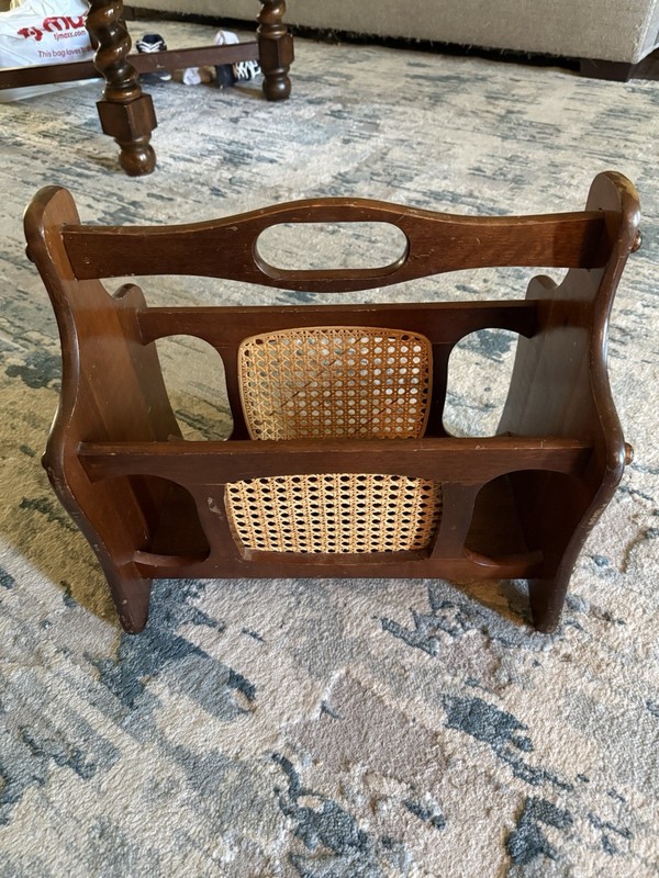  Vintage Freestanding Wood & Rattan MCM Magazine Rack 