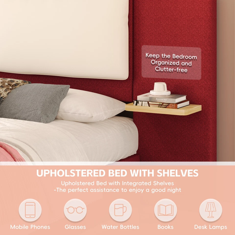 Cama de plataforma tapizada tamaño king con panel, marco de cama de plataforma con anticoldos Foto 3 de 4