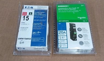 (2) COMBINATION ARC FAULT Circuit Breakers 20A w/ Plug on Neutral & 15A Standard