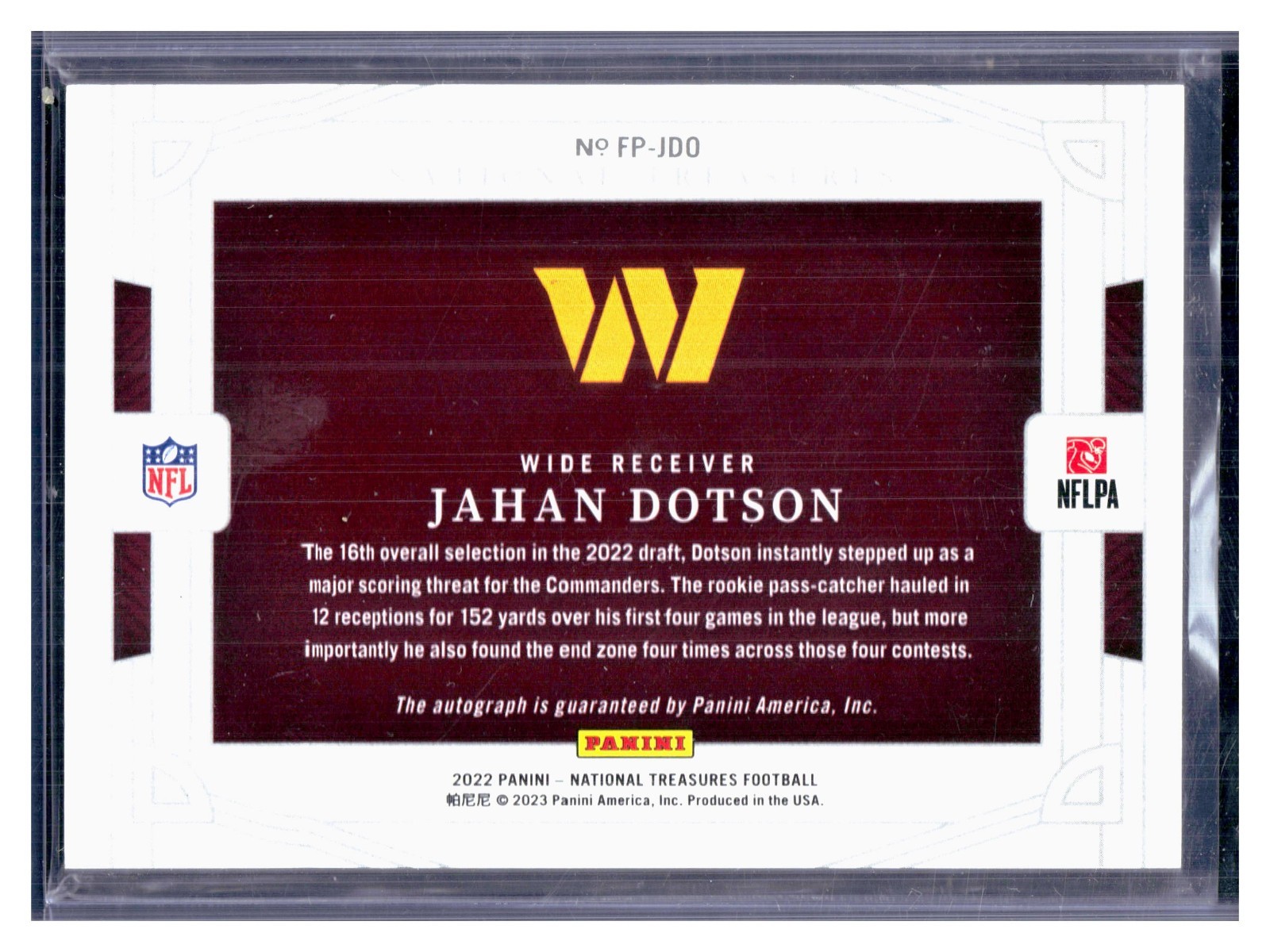 2022 National Treasures Jahan Dotson /5 SSP Rookie Field Pass RC Black Gold Auto view 2
