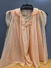 Vtg Babydoll Peignoir Set Peach Pandora Lingerie Robe Chiffon Sheer 100 Nylon