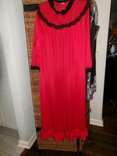 Vtg Grannycore Red black Lace trim Sheer Neck Tie Long Ruffle Hem Robe