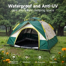 3-4 Person Instant Pop Up Camping Tent Waterproof Dome with 2 Doors, 2 Windows