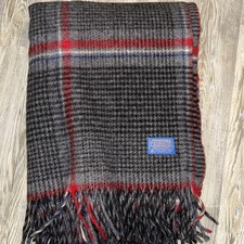 Vintage Pendleton Plaid Fringe Virgin Wool Blanket 68x53 Gray Black Red Blue