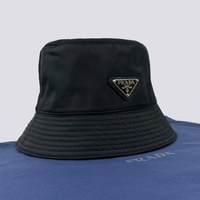 Prada Nylon Metal Triangle Center Logo Bucket Hat Head Black Size M