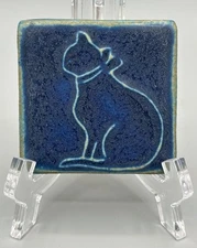 Vintage Pewabic Pottery Detroit Dark Blue Cat Tile 3” 1992 Detroit