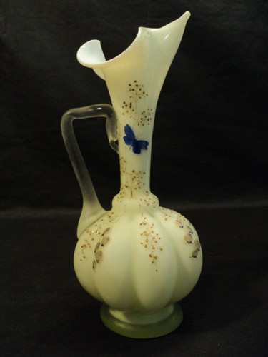 VICTORIAN PALE YELLOW SATIN GLASS EWER ENAMELED DESIGN - Picture 1 of 12