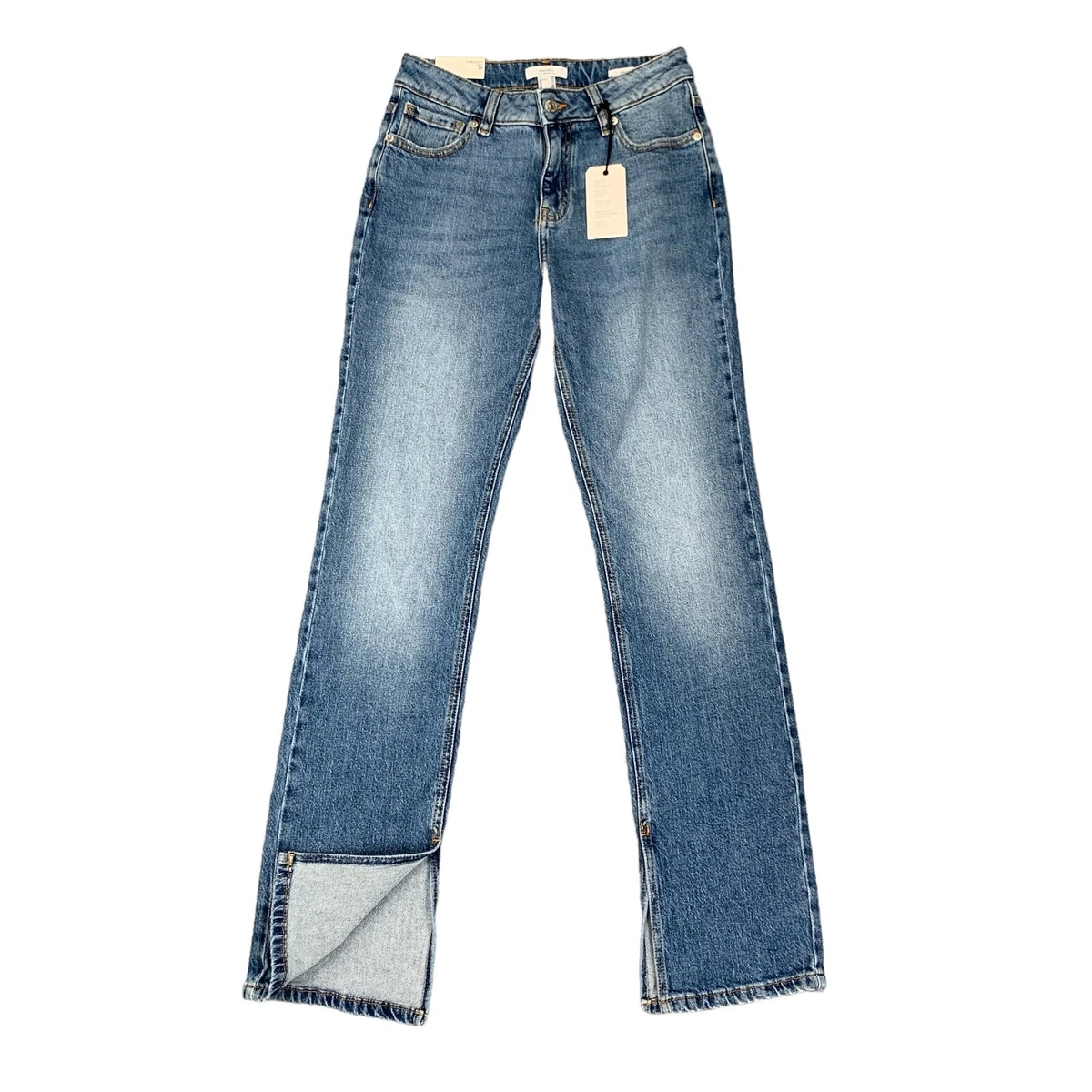 Pantalones de mezclilla Forever 21 para mujer 25 azules rectos tiro alto elásticos abertura al tobillo cremallera mosca
