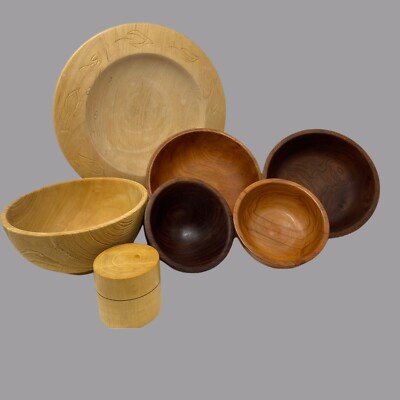 Lot of 7 Handcrafted Wood Bowls 7 Different Wood & Sizes Signed/Dated Great Find