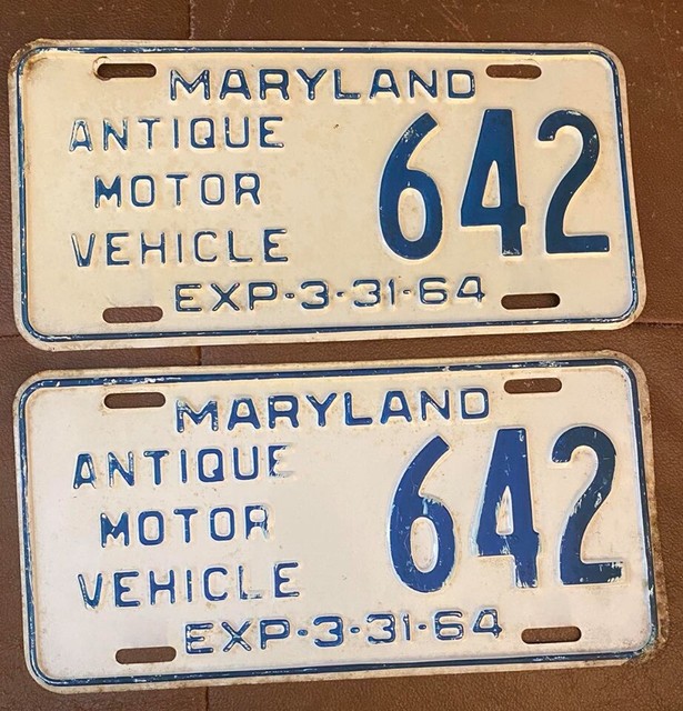 Maryland 1964 ANTIQUE MOTOR VEHICLE License Plate PAIR 642 eBay