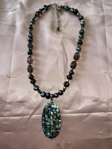 Grey Pearl/Brown Crystal Necklace w/ Checked Abalone Drop Adjustable 16-18”!