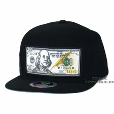 MONEY Hat $100 Bill Embroidered Cotton Snapback Flat Brim Baseball Cap- Black
