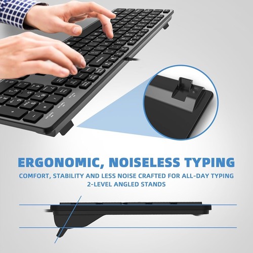 Ultra-Slim Wired USB Keyboard with 105 Silent Keys for Comfortable Typing - Gray - Afbeelding 9 van 9