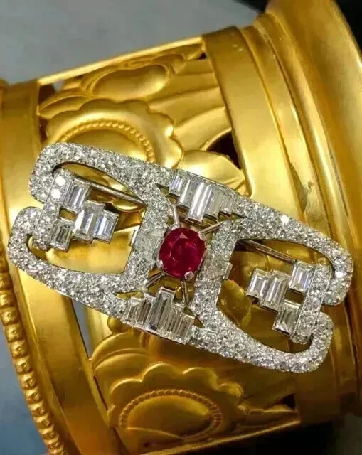 3.00Ct Round Lab Created Ruby Vintage Art Deco Brooch Pin 14K White Gold Plated - Image 4 of 4