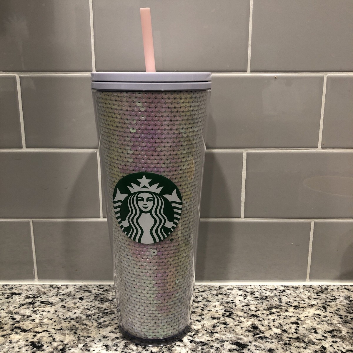 New 2020 Starbucks Christmas Holiday WHITE PINK SEQUIN Cold Cup Tumbler 24oz