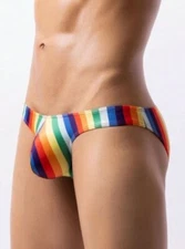 New Men's Sexy Rainbow Stripped Hang Free Pouch Bikini Swim Brief w/Pouch-Gay
