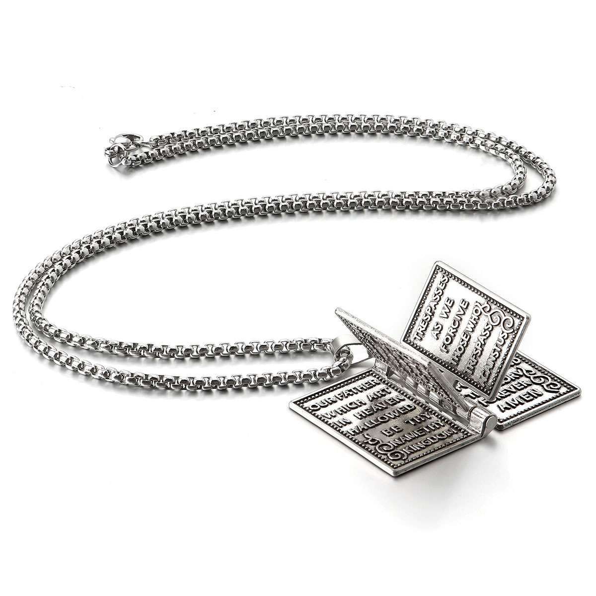Bible Book Pendant Necklace Vintage Silver Cross Unique Jewelry For Men Women
