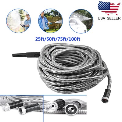 Nozzle 25 50 75 100ft Flexible 304 Stainless Steel Metal Garden Water Hose Pipe