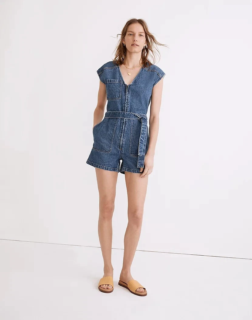 NWT Madewell WOMEN Denim Edition Zip Front Romper in Neville Wash