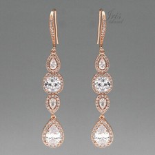 ROSE GOLD Plated Cubic Zirconia CZ Wedding Bridal Drop Dangle Earrings 9309 Hook