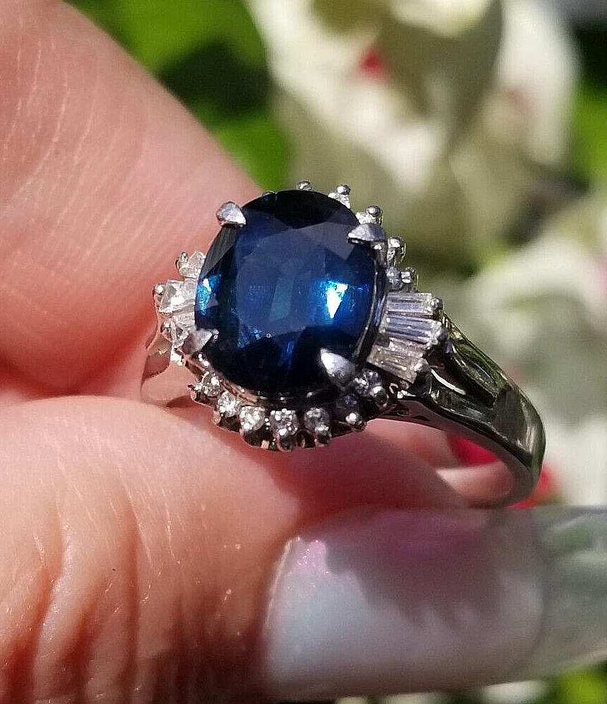 2.66TCW Beautiful Rich Blue Sapphire Baguette Round Diamond Halo platinum  ring