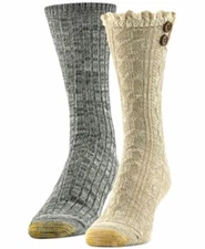 GOLD TOE Lodge Collection Crew Socks 2 Pairs Size 6-9 Charcoal, Beige Retail $18