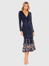 MAC DUGGAL Faux Wrap Long Sleeve Tea Length Dress SIZE 16 In Midnight A5589