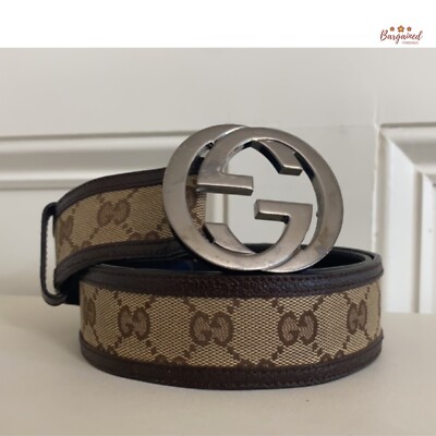 Authentic GUCCI Brown Monogram Canvas Silver Interlocking G Buckle